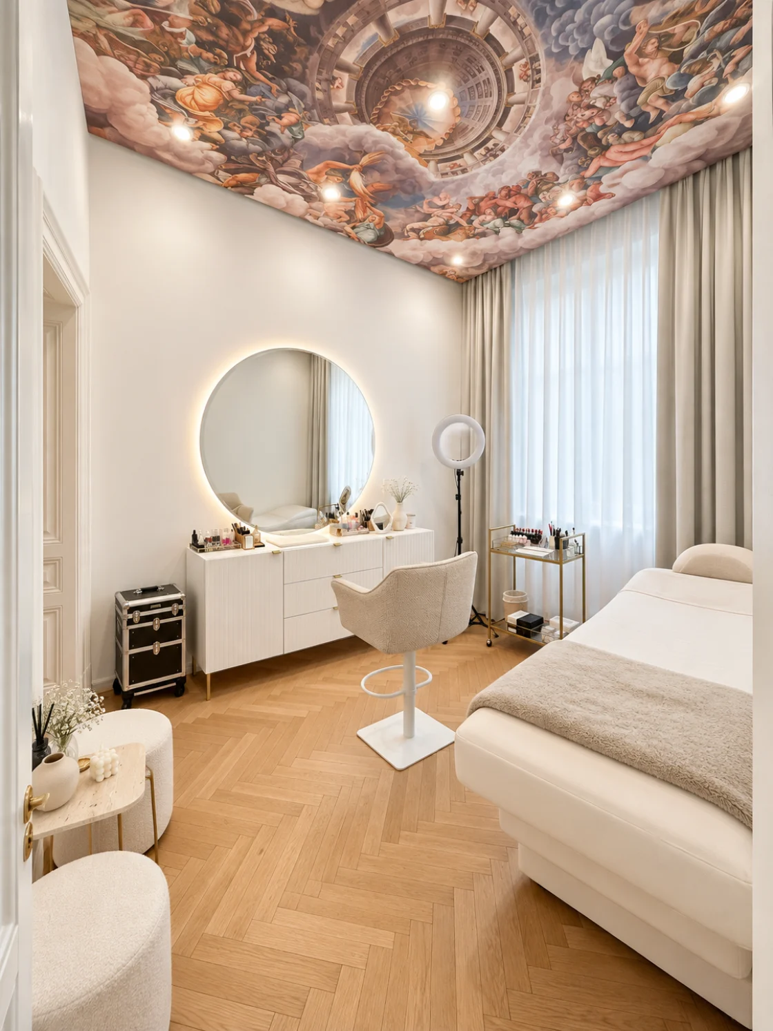 Treatment room with a lit round mirror, herringbone floor and a painted ceiling