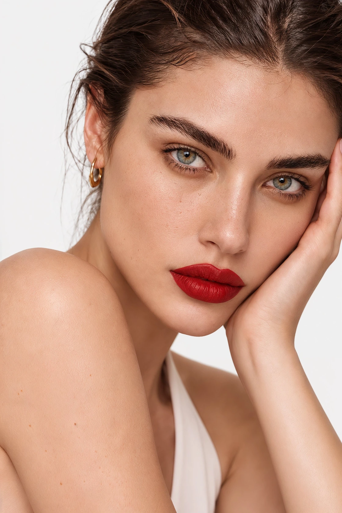 Editorial portrait with naturally defined brows and red lips